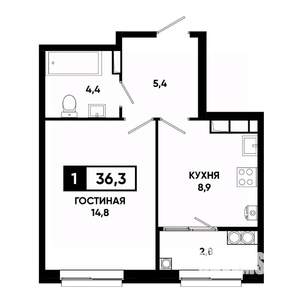 1-к квартира, строящийся дом, 36м2, 19/19 этаж