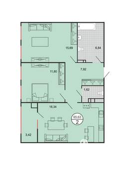 2-к квартира, вторичка, 66м2, 2/6 этаж