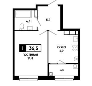 1-к квартира, строящийся дом, 37м2, 12/19 этаж
