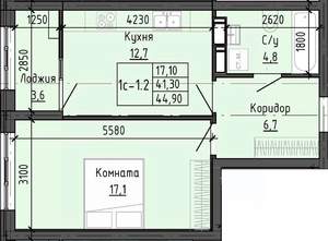 1-к квартира, строящийся дом, 45м2, 20/25 этаж