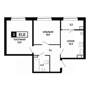 2-к квартира, строящийся дом, 51м2, 10/19 этаж