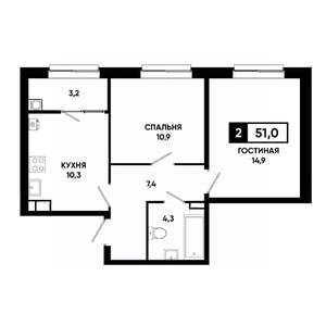 2-к квартира, строящийся дом, 51м2, 4/19 этаж