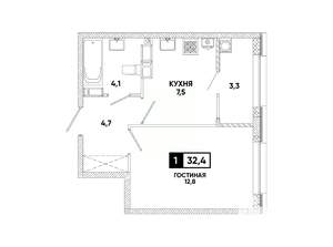 1-к квартира, вторичка, 32м2, 12/12 этаж
