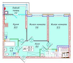 2-к квартира, вторичка, 51м2, 3/22 этаж