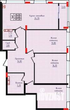 3-к квартира, строящийся дом, 97м2, 2/10 этаж