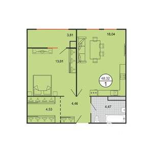 1-к квартира, строящийся дом, 48м2, 2/6 этаж