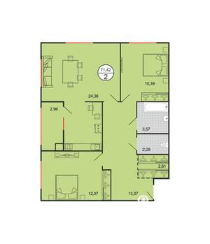 2-к квартира, строящийся дом, 71м2, 1/4 этаж