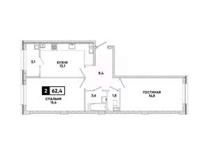 2-к квартира, вторичка, 62м2, 7/16 этаж