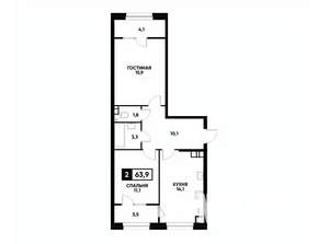2-к квартира, вторичка, 64м2, 8/12 этаж
