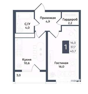 1-к квартира, вторичка, 41м2, 8/22 этаж