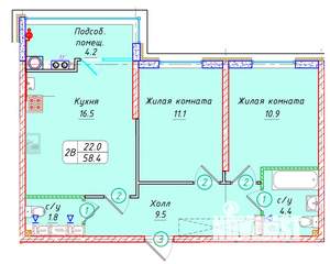 2-к квартира, вторичка, 58м2, 17/22 этаж
