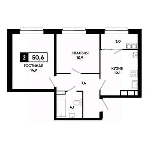 2-к квартира, строящийся дом, 51м2, 14/19 этаж