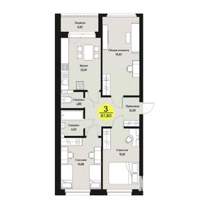 3-к квартира, строящийся дом, 88м2, 7/12 этаж