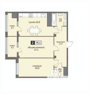 2-к квартира, строящийся дом, 75м2, 2/12 этаж