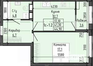 1-к квартира, строящийся дом, 45м2, 10/25 этаж