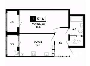 1-к квартира, вторичка, 51м2, 12/16 этаж