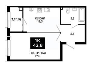 1-к квартира, вторичка, 43м2, 2/24 этаж