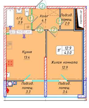 Студия квартира, вторичка, 43м2, 22/21 этаж