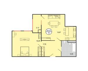 1-к квартира, вторичка, 54м2, 2/5 этаж