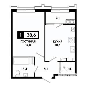 1-к квартира, строящийся дом, 39м2, 19/21 этаж