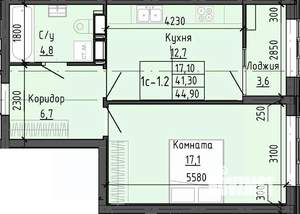 1-к квартира, строящийся дом, 45м2, 19/25 этаж