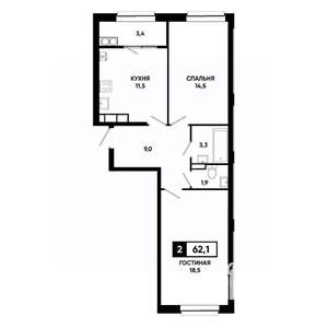 2-к квартира, вторичка, 62м2, 16/19 этаж