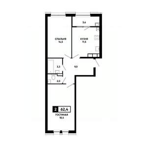 2-к квартира, вторичка, 62м2, 12/16 этаж