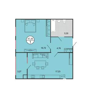 1-к квартира, строящийся дом, 47м2, 1/4 этаж
