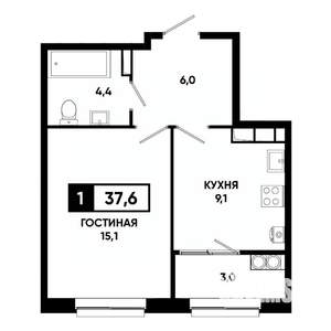 1-к квартира, строящийся дом, 38м2, 15/19 этаж