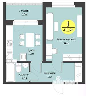 1-к квартира, строящийся дом, 44м2, 7/12 этаж