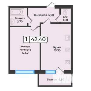 1-к квартира, вторичка, 42м2, 5/5 этаж