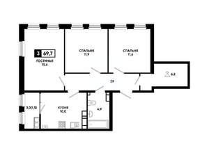 3-к квартира, вторичка, 70м2, 15/24 этаж