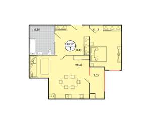 1-к квартира, вторичка, 47м2, 1/4 этаж