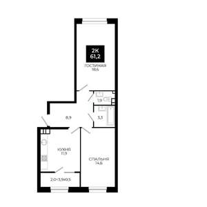 2-к квартира, вторичка, 61м2, 8/24 этаж