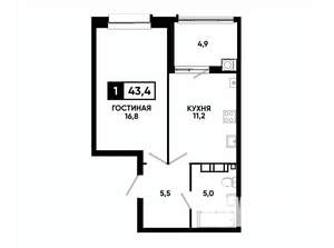 1-к квартира, вторичка, 43м2, 4/24 этаж
