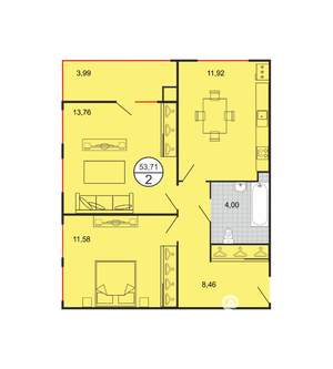 2-к квартира, строящийся дом, 54м2, 1/4 этаж