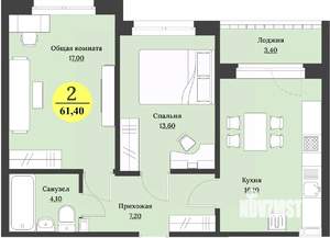 2-к квартира, строящийся дом, 61м2, 6/12 этаж