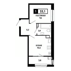 1-к квартира, вторичка, 33м2, 9/19 этаж