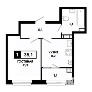 1-к квартира, строящийся дом, 35м2, 5/19 этаж