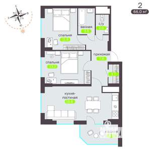 2-к квартира, вторичка, 67м2, 1/19 этаж