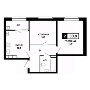 2-к квартира, строящийся дом, 51м2, 12/19 этаж
