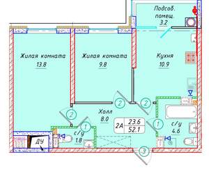2-к квартира, вторичка, 52м2, 8/21 этаж