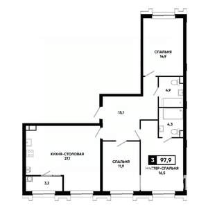 3-к квартира, вторичка, 98м2, 3/21 этаж