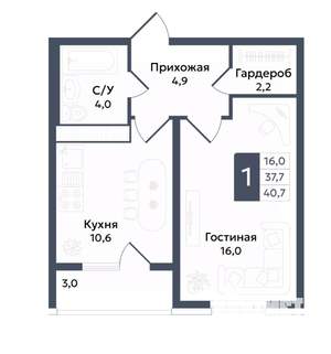 1-к квартира, вторичка, 41м2, 6/22 этаж