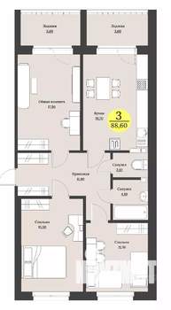 3-к квартира, строящийся дом, 89м2, 11/12 этаж