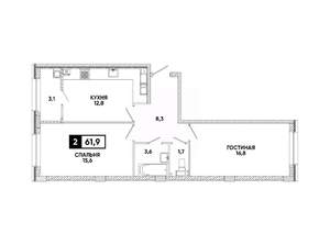 2-к квартира, вторичка, 62м2, 12/16 этаж