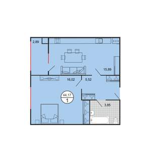 1-к квартира, строящийся дом, 44м2, 1/4 этаж