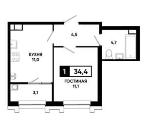 1-к квартира, вторичка, 34м2, 4/21 этаж