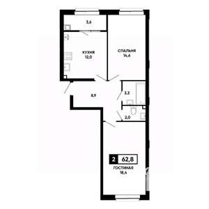 2-к квартира, строящийся дом, 63м2, 2/19 этаж