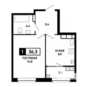 1-к квартира, строящийся дом, 36м2, 15/19 этаж
